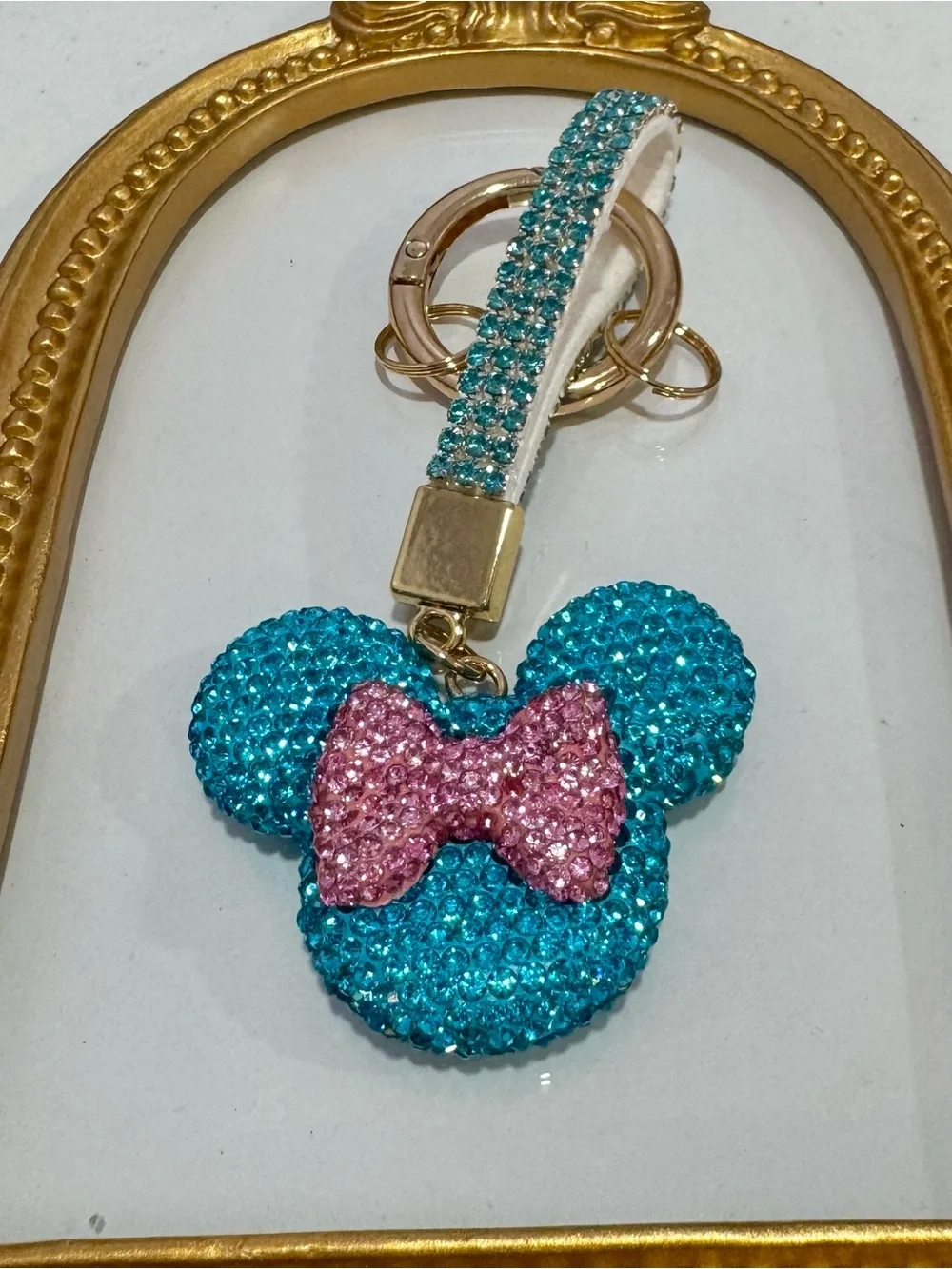New Sparkling Teal Mouse Keychain with Pink Bow